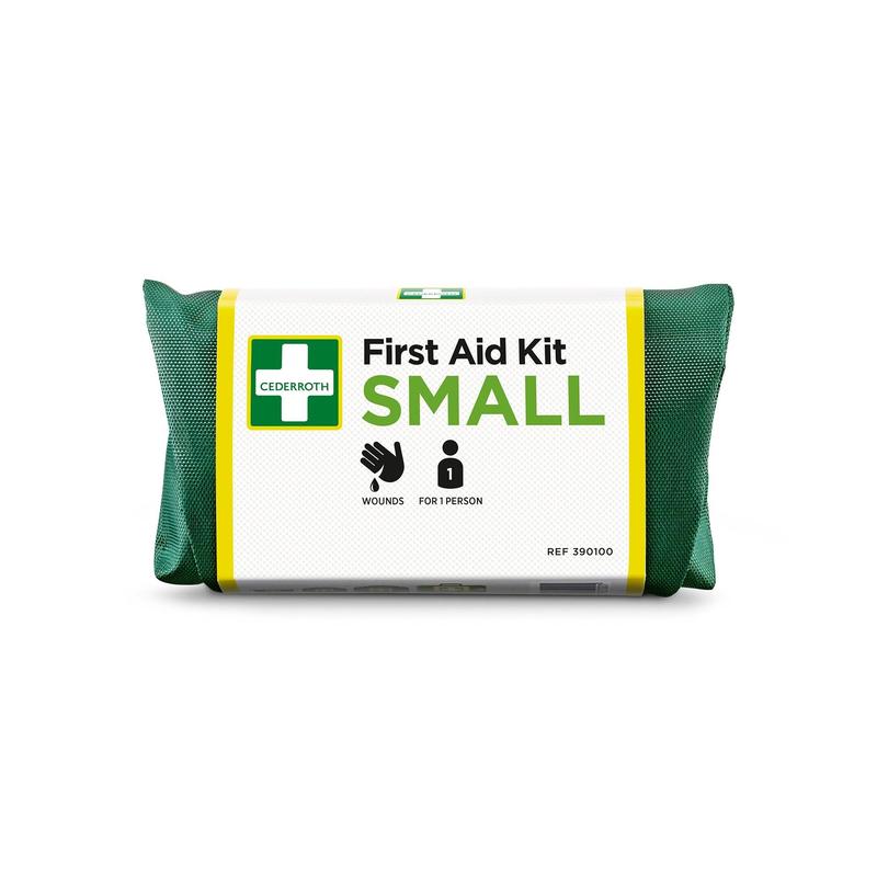 Ein grünes Erste-Hilfe-Set SMALL von Orkla Wound Care AB, ideal für Notfälle und Einzelpersonen, geeignet zur Wundversorgung. Die Packung zeigt Logo, Text und Symbole. Enthält 1 Stück.
