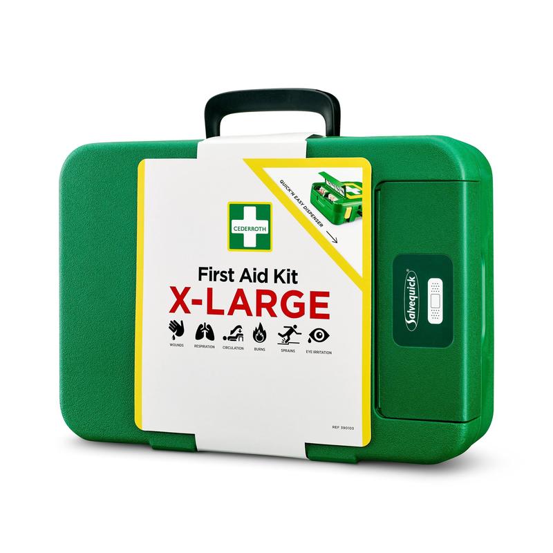 Veľký zelený plastový Orkla Wound Care AB Prvá pomoc X-LARGE | Balenie (1 kus) s čiernou rukoväťou, označený "First Aid Kit X-Large" a symbolmi pre dýchanie, resuscitáciu, obeh, vyvrtnutia a infekciu očí - ideálne pre núdzové situácie.