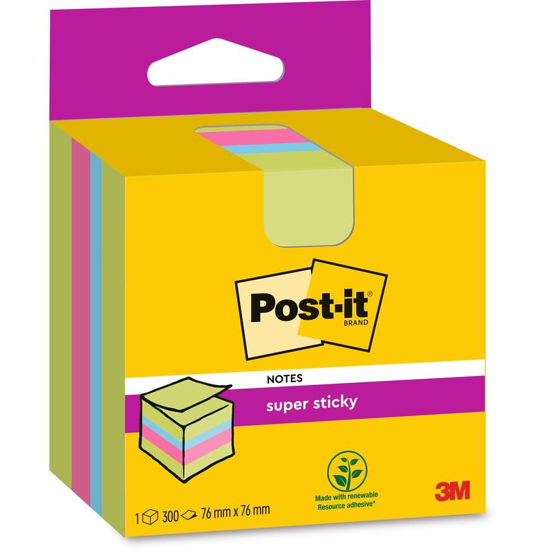 Balenie Post-it® Super Sticky Notes kocka od 3M Deutschland GmbH, 300 lístkov v štyroch farbách, 76 mm x 76 mm, na žlto-ružovej škatuľke so znakom 100% PEFC a symbolom pre obnoviteľné suroviny.