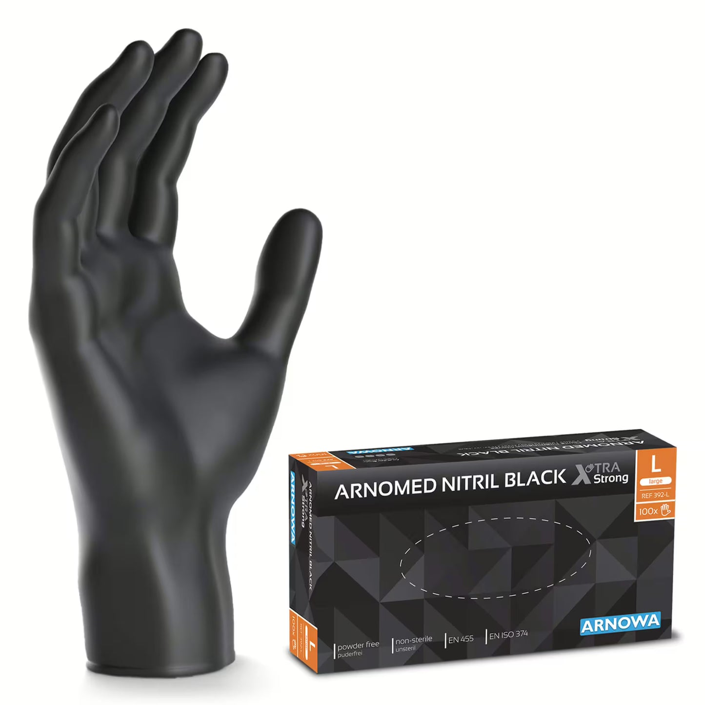 Čierna rukavica ARNOMED NITRIL XTRA PURE BLACK od spoločnosti ARNOWA GmbH stojí vzpriamene vedľa svojej škatuľky, na ktorej je napísané, že je bez akcelerátorov, bez prášku, nesterilná a veľká a obsahuje 100 pokožke priateľských čiernych nitrilových jednorazových rukavíc.