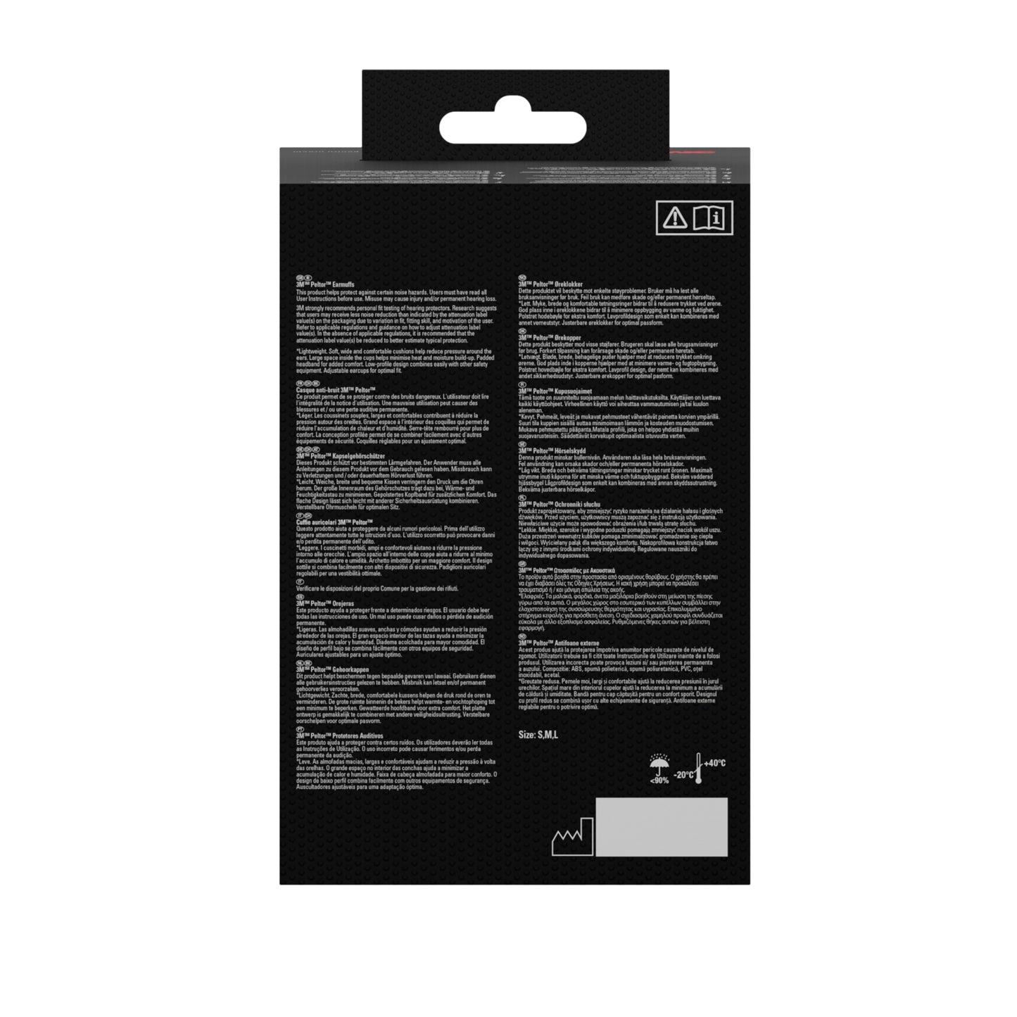 Das Bild zeigt die Rückseite einer schwarzen Verpackung für 3M™ PELTOR™ Optime™ I Kapselgehörschutz H510A, SNR-Wert 27 dB, Gelb (1 Stück) von 3M Deutschland GmbH. Auf der Verpackung sind mehrere Blöcke mit weißem Text und der Größe "S/M" zu sehen.