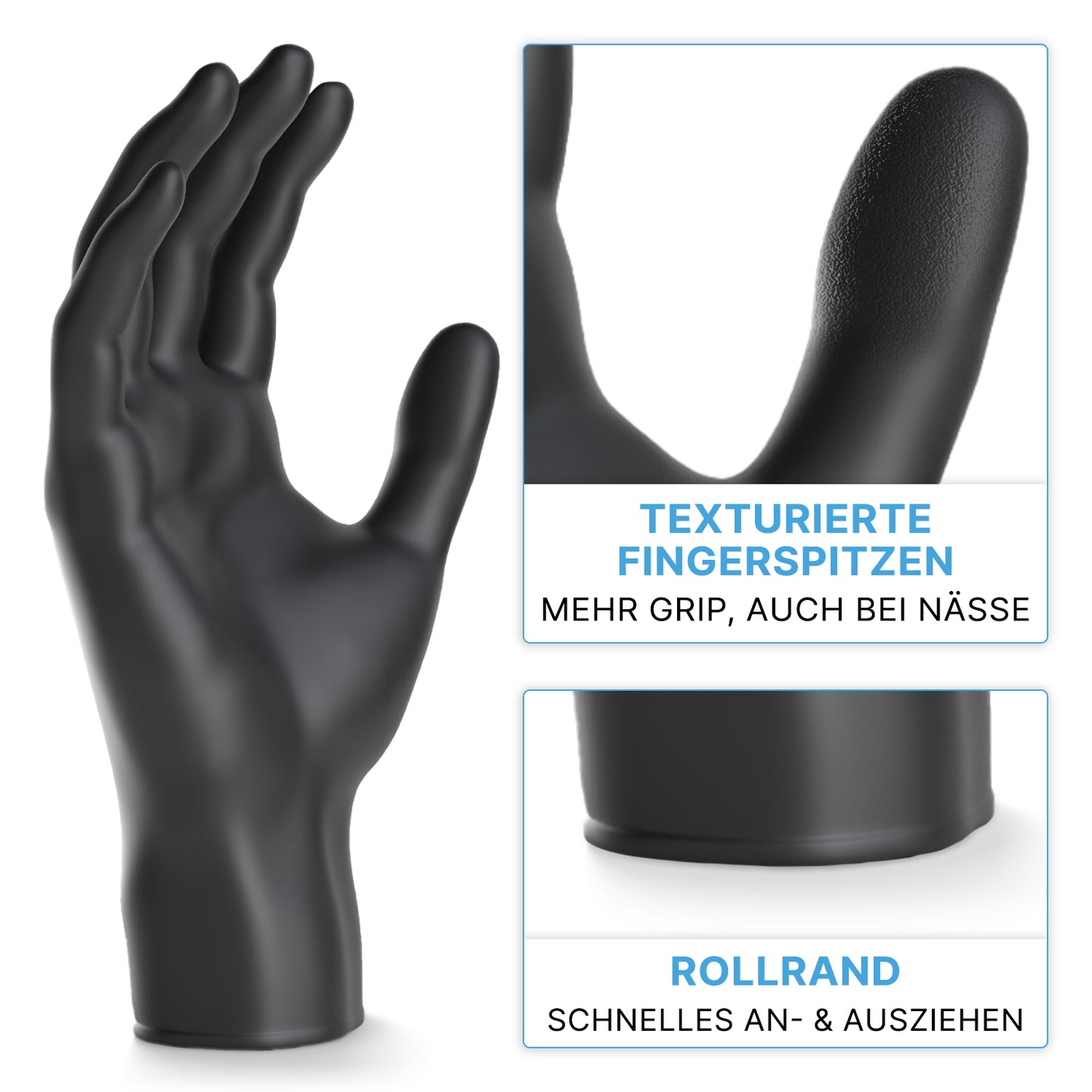 Nitrilové rukavice ARNOMED NITRIL BLACK 200 od spoločnosti ARNOWA GmbH sú zobrazené vo vzpriamenej polohe; detailné zábery ukazujú špice prstov s dobrým úchopom a zrolovaný okraj pre ľahké navlečenie; nemecký nápis zdôrazňuje, že sú bez latexu a bez púdru.