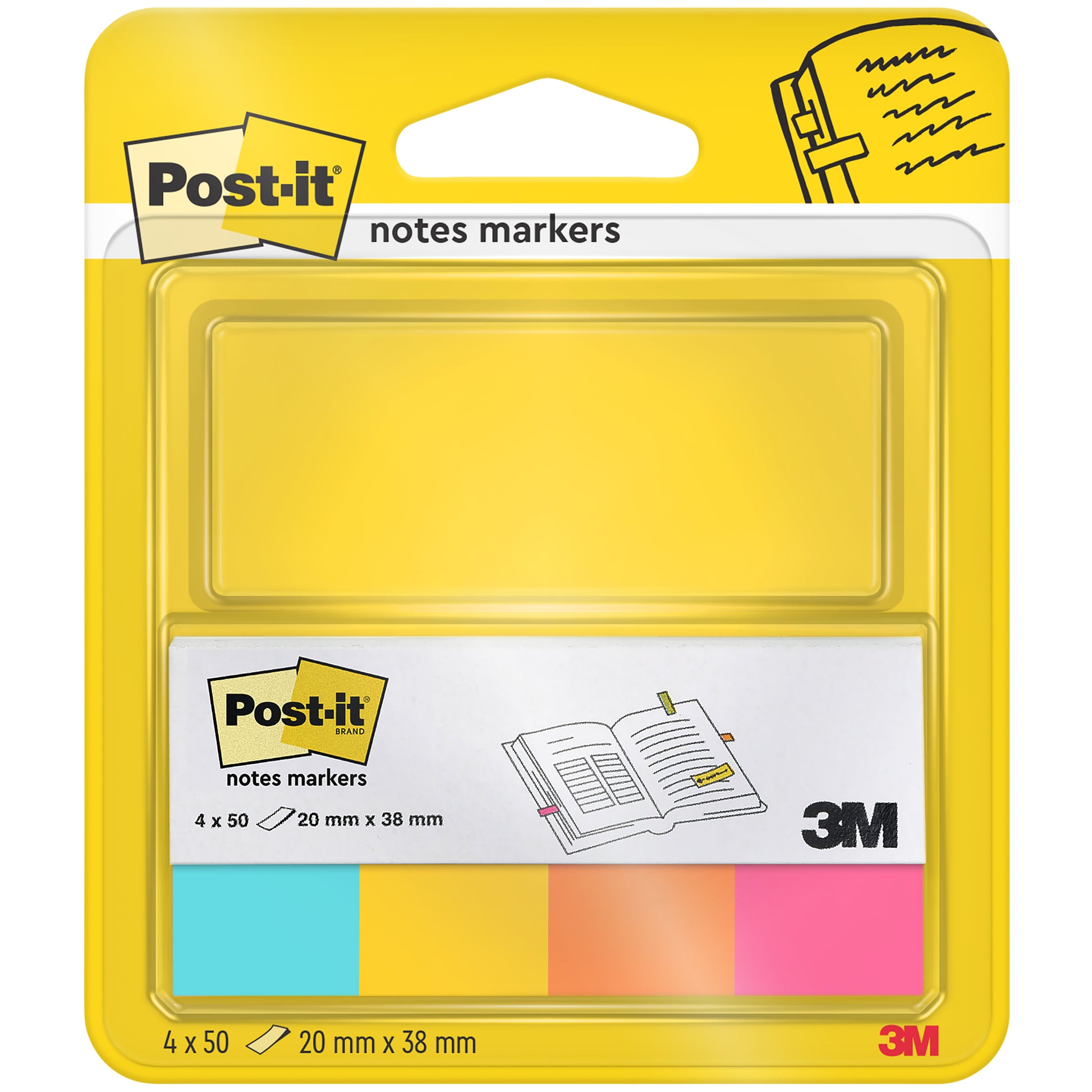 Eine Packung Post-it® Page Markers der 3M Deutschland GmbH enthält vier Blöcke (gelb, grün, pink und orange), jeweils 20 mm x 38 mm mit 50 Blatt/Block, 100% PEFC-zertifiziert. Die meist gelbe Verpackung hat ein transparentes Fenster, auf dem die Marker zu sehen sind.