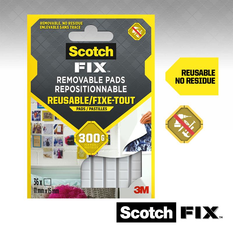 Zobrazené je balenie odnímateľných lepiacich podložiek Scotch-FIX™ 301008C36-P od spoločnosti 3M Deutschland GmbH (11 mm x 15 mm, 36 kusov). Balenie obsahuje upozornenie "Opakovane použiteľné, bez zvyškov" a zobrazuje biele lepiace podložky, ktoré sú ideálne na upevnenie predmetov bez poškodenia steny.