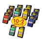Zwölf Packungen Post-it® Index Haftstreifen von 3M Deutschland in verschiedenen Farben (25,4 x 43,2 mm), jede mit 10 Spendern + 2 gratis (50 Streifen/Spender). Perfekt zur Dokumentenorganisation - "10+2 GRATIS" auf dem Etikett.