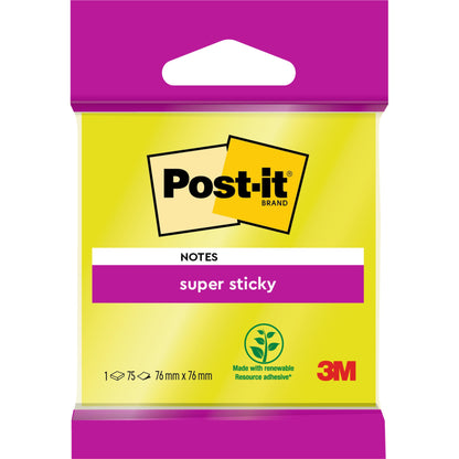 Eine Packung Post-it® Super Sticky Notes 6820S3 von 3M Deutschland GmbH, 76 x 76 mm in neongrün, neonpink, ultragelb, ultragrün und ultrapink. Enthält 1 Block mit 75 Blatt und ist aus 100% PEFC-zertifiziertem Papier hergestellt.