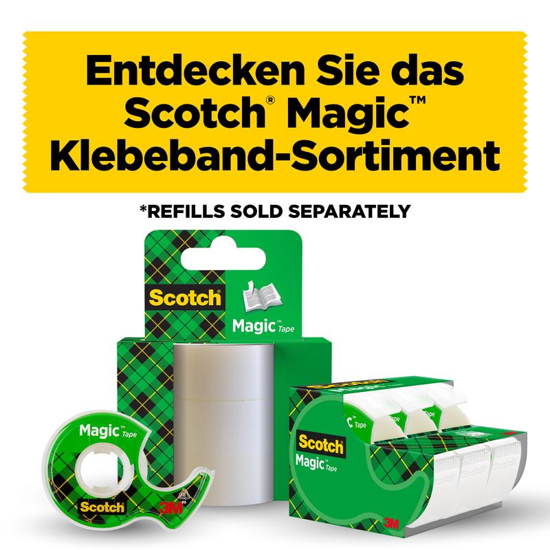 Nemecký text: "Objavte sortiment Scotch® Magic™ Neviditeľná lepiaca páska od 3M Deutschland GmbH." Zobrazené sú tri produkty, vrátane náhradného balenia 8-1925R3 (19 mm x 25 m, 3 rolky/balenie). *NÁHRADNÉ BALENIA SÚ DOSTUPNÉ SAMOSTATNE.