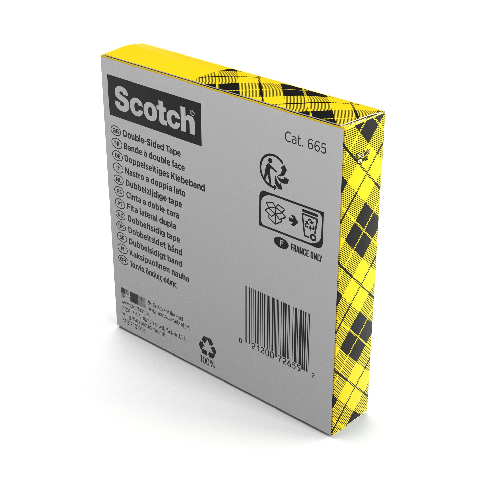 Eine Schachtel Scotch® doppelseitiges Klebeband (1 Rolle, 19 mm x 33 m) der 3M Deutschland GmbH präsentiert sich in grauem Design mit gelb-schwarz karierten Akzenten, Produktdetails und Recycling-Symbolen auf der Seite.