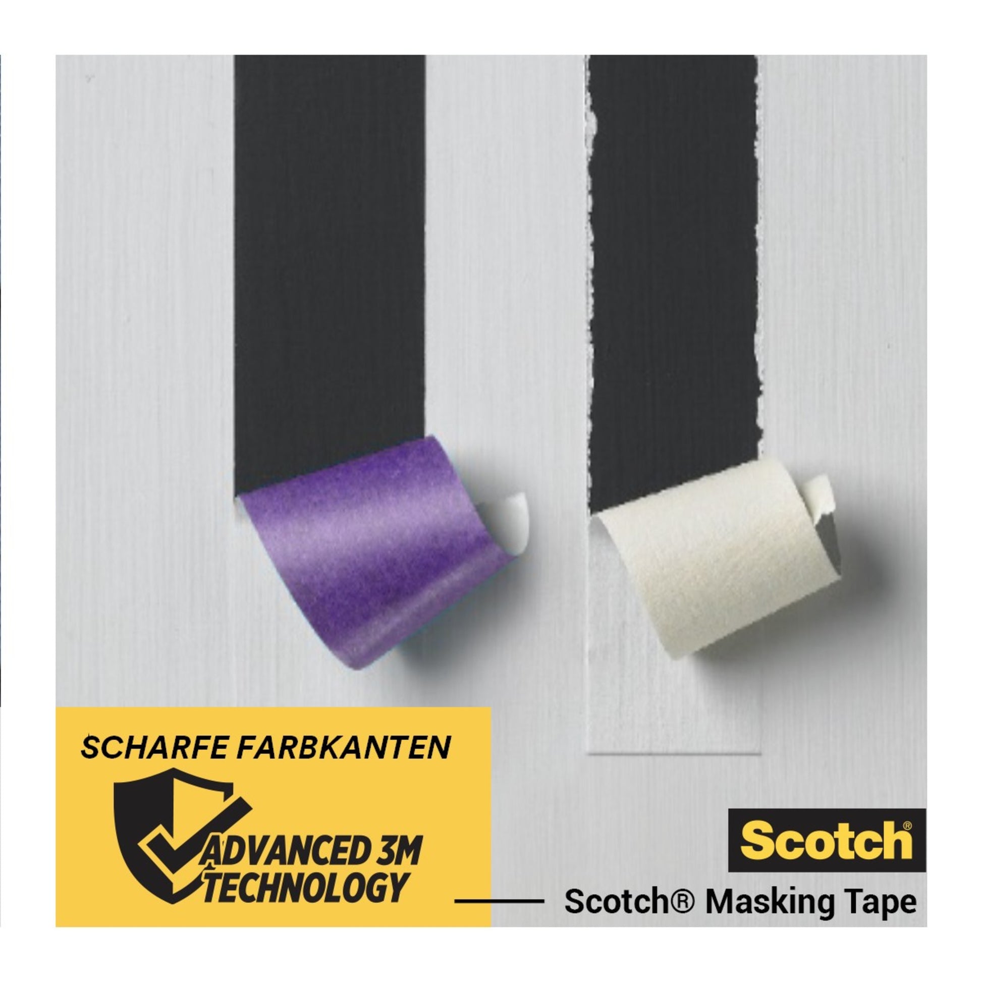 Zwei Streifen Scotch® Malerabdeckband für empfindliche Oberflächen (24 mm x 41 m, 1 Rolle) der 3M Deutschland GmbH sind von einer gestrichenen Fläche abgezogen, auf der ein gelber Kasten mit der Aufschrift "Scharfe Farbkanten Advanced 3M Technology" steht.