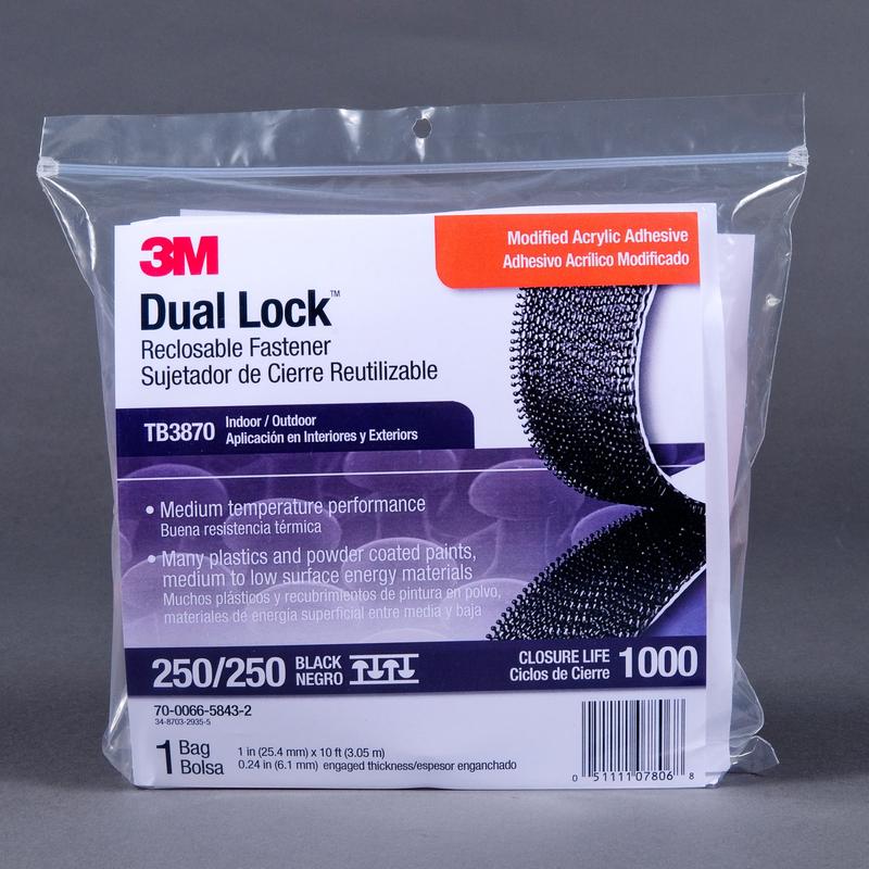 3M™ Dual Lock™ TB3870, čierny, 25 mm x 3 m, 6,1 mm, 40 hláv/cm2, vonkajší | Taška (1 kus)