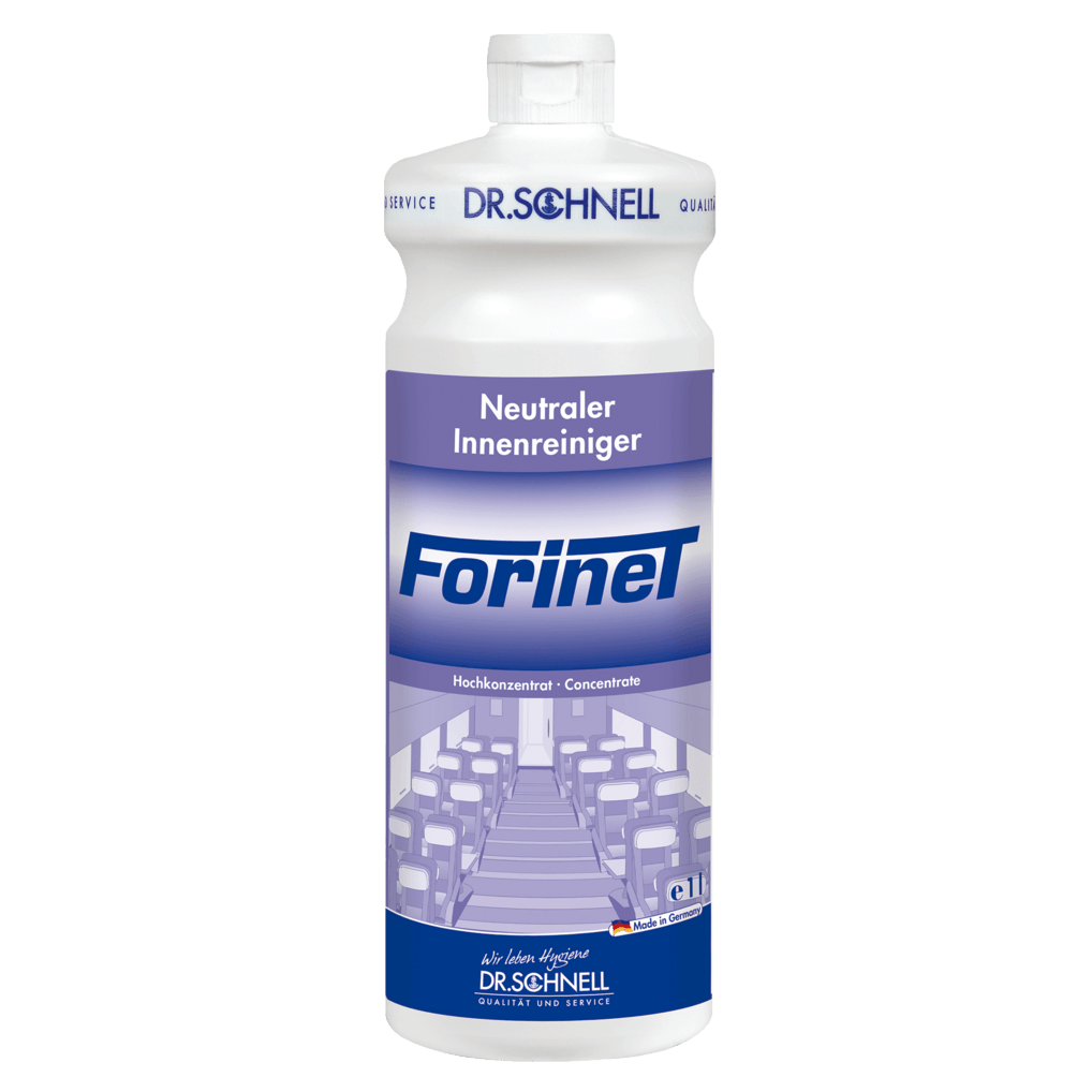 Biela fľaša Dr. Schnell FORINET čističa interiérov vozidiel od DR.SCHNELL GmbH & Co. KGaA, s modro-bielou etiketou, ktorá zobrazuje interiér, ideálna na čistenie interiérov áut a odstraňovanie odolnej špiny.