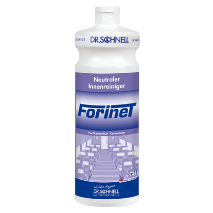 Biela fľaša Dr. Schnell FORINET čističa interiérov vozidiel od DR.SCHNELL GmbH & Co. KGaA, s modro-bielou etiketou, ktorá zobrazuje interiér, ideálna na čistenie interiérov áut a odstraňovanie odolnej špiny.