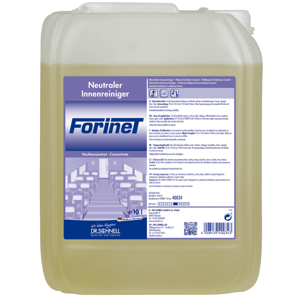 Plastový kontajner s objemom 10 litrov Dr. Schnell FORINET čističa interiérov vozidiel od DR.SCHNELL GmbH & Co. KGaA, s bielym viečkom a veľkou etiketou s pokynmi na použitie, symbolmi a obrázkami pre efektívne čistenie interiérov vozidiel.