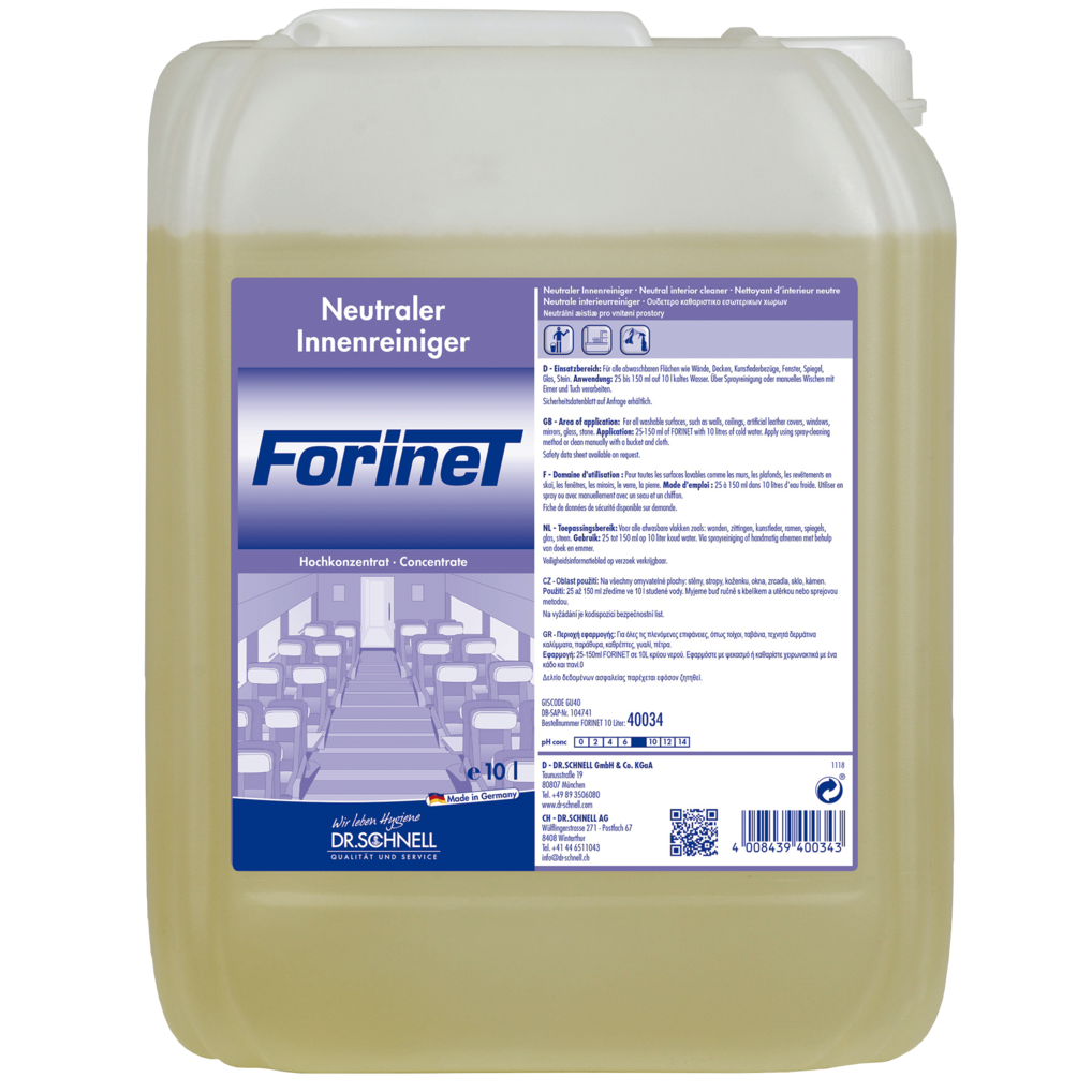 Ein 10-Liter-Kunststoffbehälter des Dr. Schnell FORINET Fahrzeuginnenreinigers der DR.SCHNELL GmbH & Co. KGaA, mit weißem Deckel und großem Etikett mit Anwendungshinweisen, Symbolen und Bildern für die effektive Innenreinigung von Fahrzeugen.