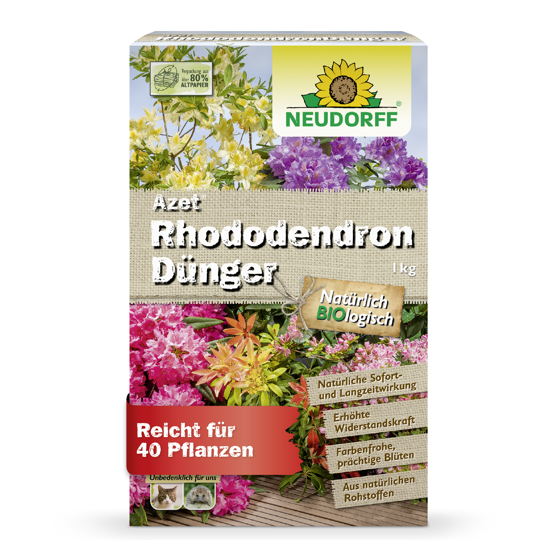 Eine 1 kg schwere, rechteckige Schachtel Azet RhododendronDünger von Neudorff Shop ist mit blühenden Blumen, deutschen Produktinformationen und einem grün-gelben Neudorff-Logo versehen und damit ideal für Rhododendron und Azaleen.