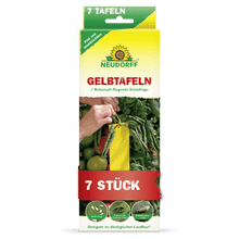 Obdĺžniková žlto-zelená škatuľa s nápisom "Neudorff Shop Žlté tabule (malý formát)" a obrázkom žltých lepiacich pascí medzi paradajkami. Bojuje proti lietajúcim škodcom ako sú smútivky a molice. Obsahuje 7 kusov.