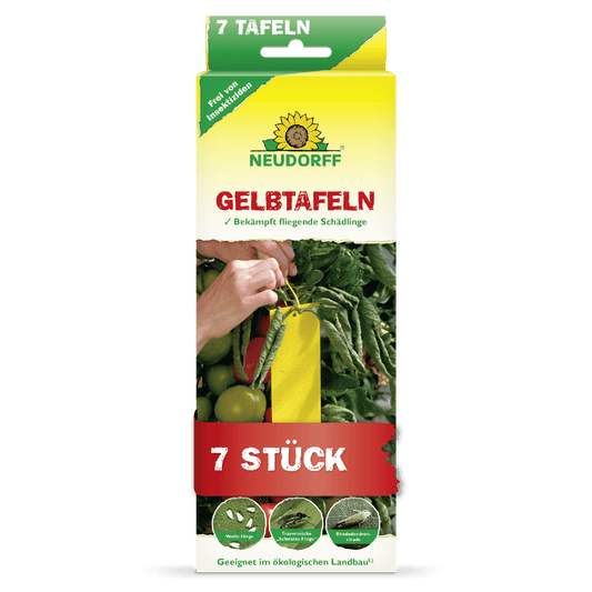Obdĺžniková žlto-zelená škatuľa s nápisom "Neudorff Shop Žlté tabule (malý formát)" a obrázkom žltých lepiacich pascí medzi paradajkami. Bojuje proti lietajúcim škodcom ako sú smútivky a molice. Obsahuje 7 kusov.