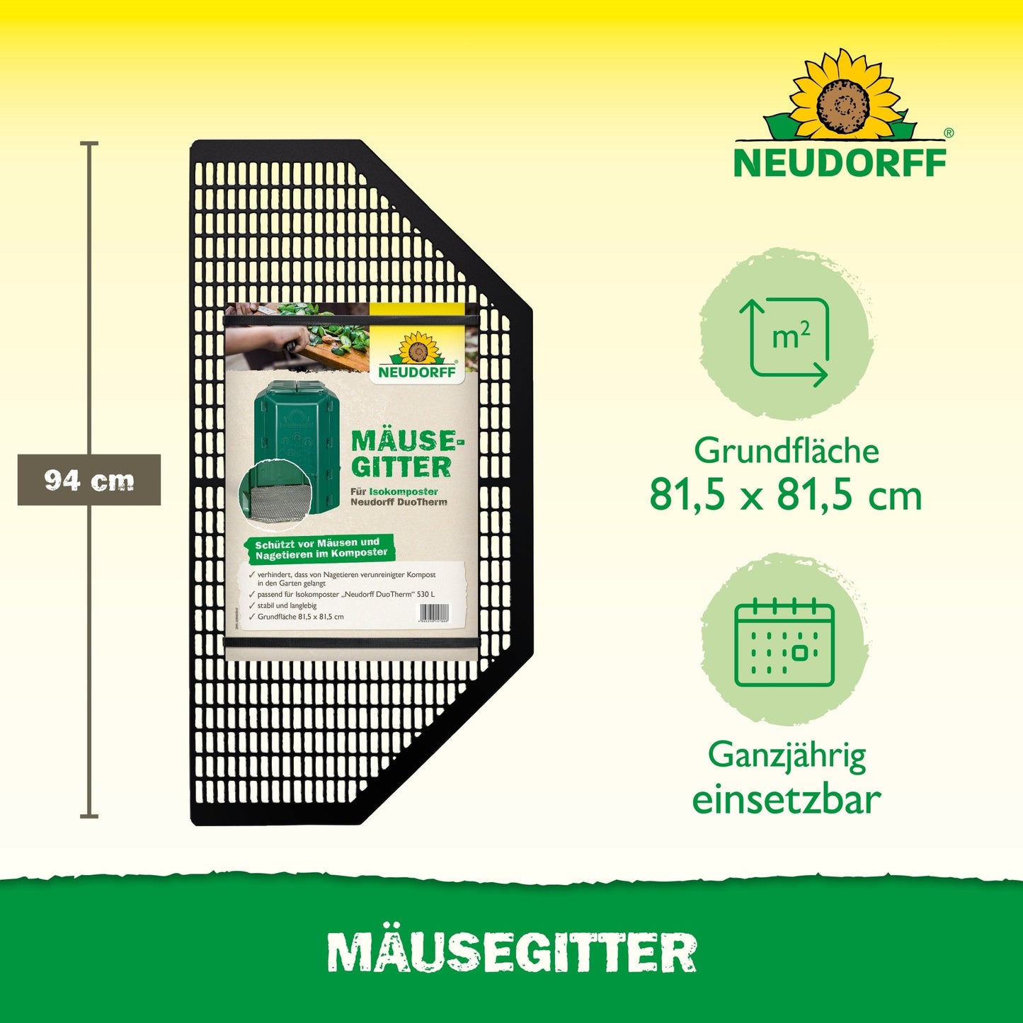 Vedľa balenia je zobrazená obdĺžniková čierna myšacia sieťka z Neudorff Shop. S výškou 94 cm a plochou 81,5 x 81,5 cm je ideálna na použitie s termokompostérom alebo DuoTherm. Celoročná použiteľnosť je znázornená ikonami.