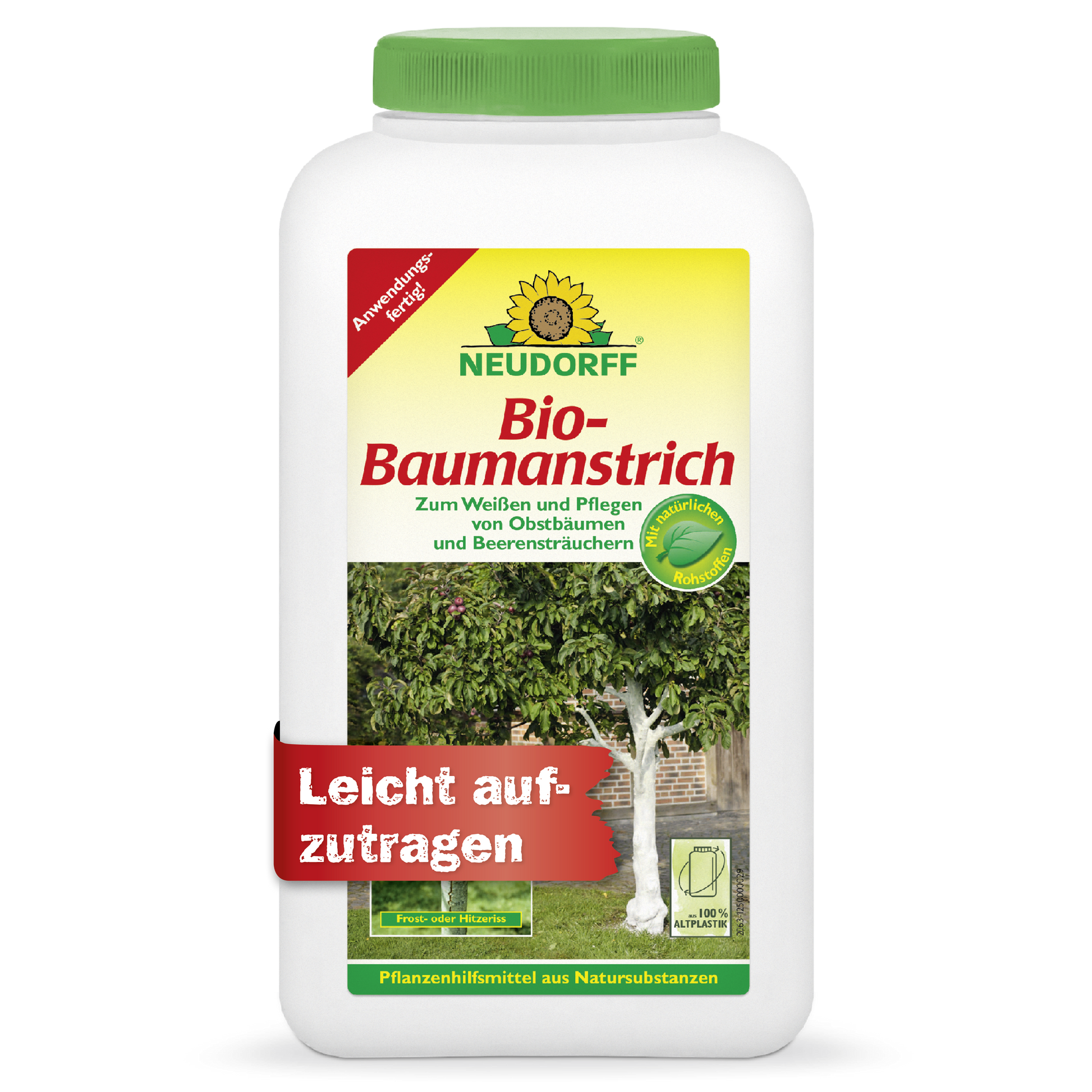 Ein weißer Behälter von Neudorff Shop mit der Aufschrift "Bio-Baumanstrich" zeigt einen Baum mit weißem Stamm. Auf dem Etikett steht "Leicht aufzutragen" und der Hinweis, dass dieses Produkt Baumrinde pflegt und schützt, ideal für Obst- und Beerenbäume.
