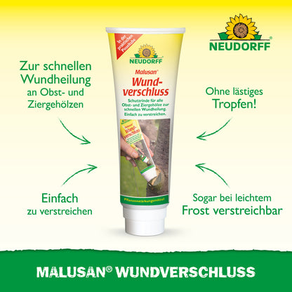 Eine Tube Malusan Wundverschluss von Neudorff Shop steht aufrecht auf einer weißen Fläche und ist mit grünen und gelben Grafiken versehen. Der deutsche Text hebt die schnelle Heilung von Schnittwunden Gehölze nach Rückschnitt und die einfache Anwendung hervor.