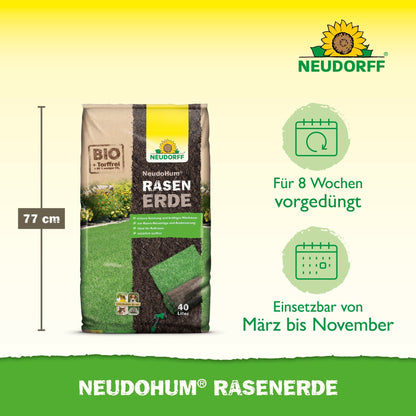 Zobrazené je 40-litrové vrece NeudoHum RasenErde od Neudorff Shop s výškou 77 cm, 8-týždňovým predhnojením a vhodné na použitie od marca do novembra. Vpravo hore je zobrazené logo Neudorff.