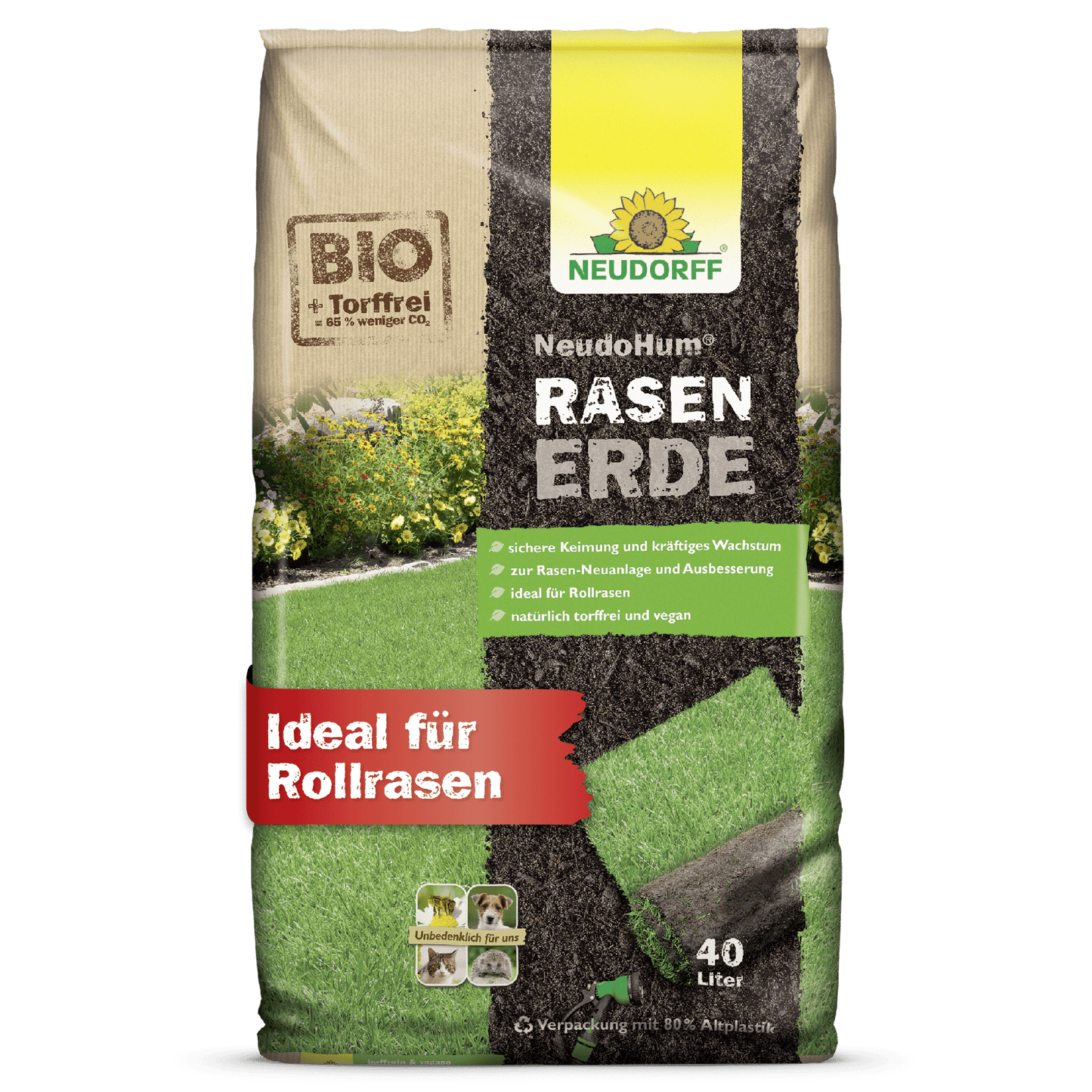 Neudorff Shop NeudoHum RasenErde je 40L biologická, bezrašelinová, vegánska trávnatá pôda - ideálna na zakladanie zeleného trávnika alebo rolovaného trávnika, ako je zobrazené na obale trávnika. Perfektné pre trávnatú plochu a zdravý rast.
