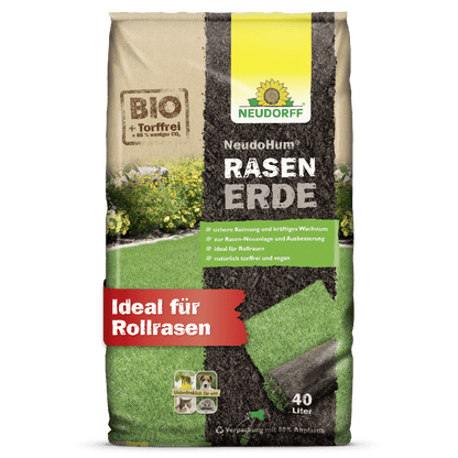 Neudorff Shop NeudoHum RasenErde je 40L biologická, bezrašelinová, vegánska trávnatá pôda - ideálna na zakladanie zeleného trávnika alebo rolovaného trávnika, ako je zobrazené na obale trávnika. Perfektné pre trávnatú plochu a zdravý rast.