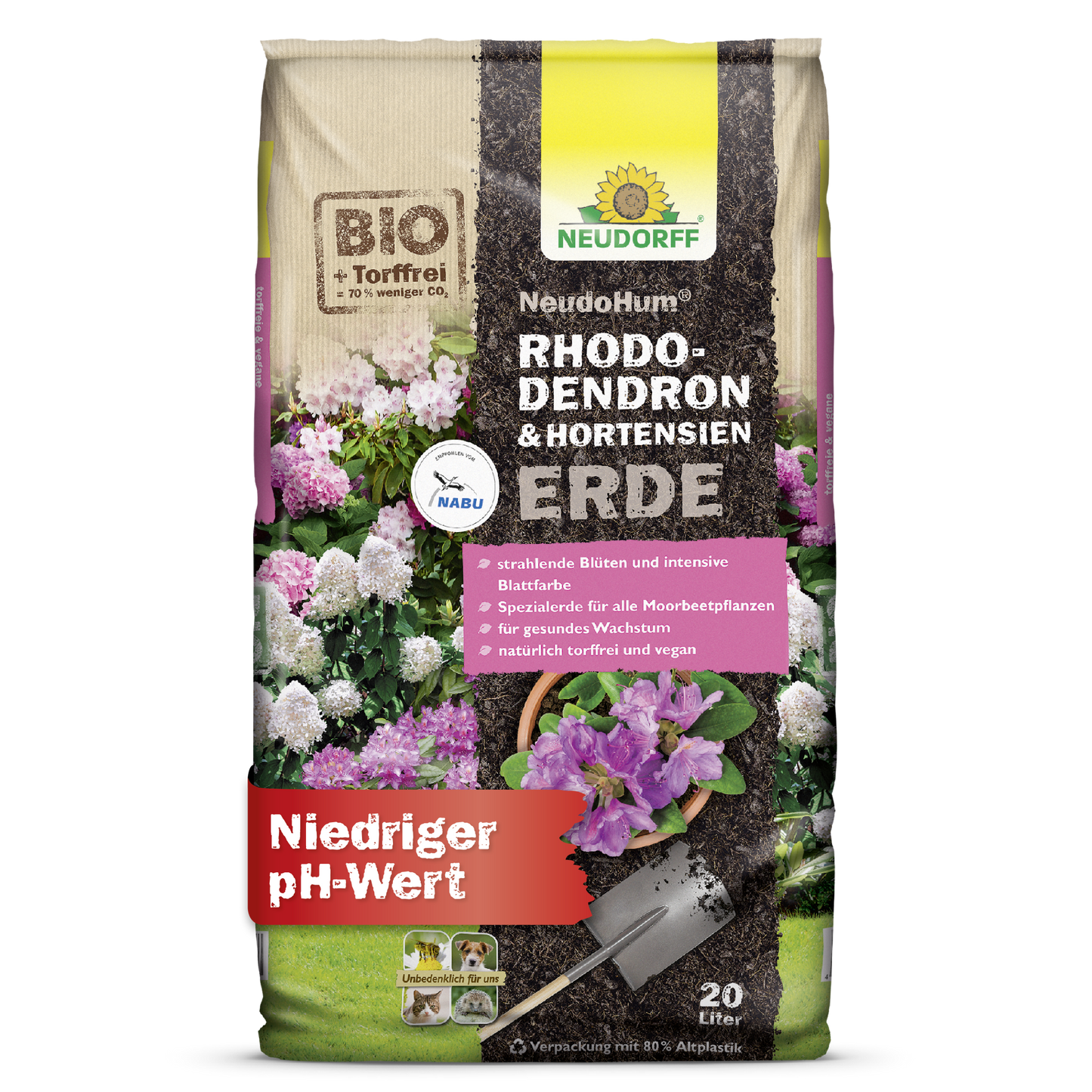 20-litrové vrece NeudoHum Rhododendron & Hortensien Erde z Neudorff Shopu zobrazuje obrázky hortenzií a rododendronov a svojou nízkou pH hodnotou podporuje optimálny rast rastlín.