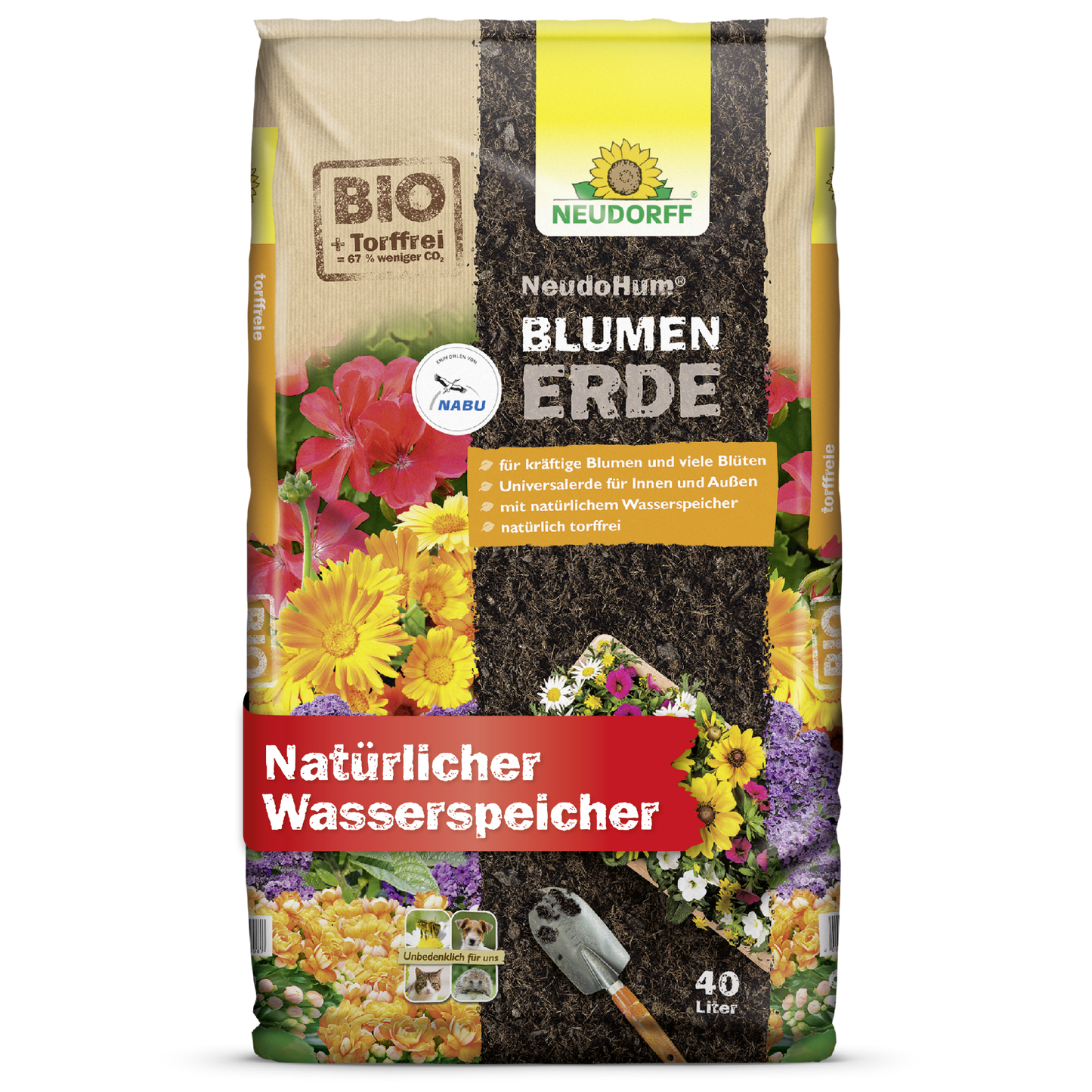 40-litrové vrecko NeudoHum BlumenErde od Neudorff Shop s kvetinovými motívmi, lopatkou a etiketami, ktoré zdôrazňujú bio kvalitu a prirodzené zadržanie vody - ideálne pre záhradné rastliny a kvalitný pestovateľský substrát.