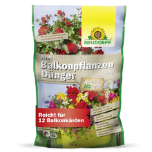 Azet BalkonpflanzenDünger von Neudorff Shop kommt im 750g Beutel mit Bildern von Sommerblumen, ist biologisch und für bis zu 12 Balkonkästen geeignet.
