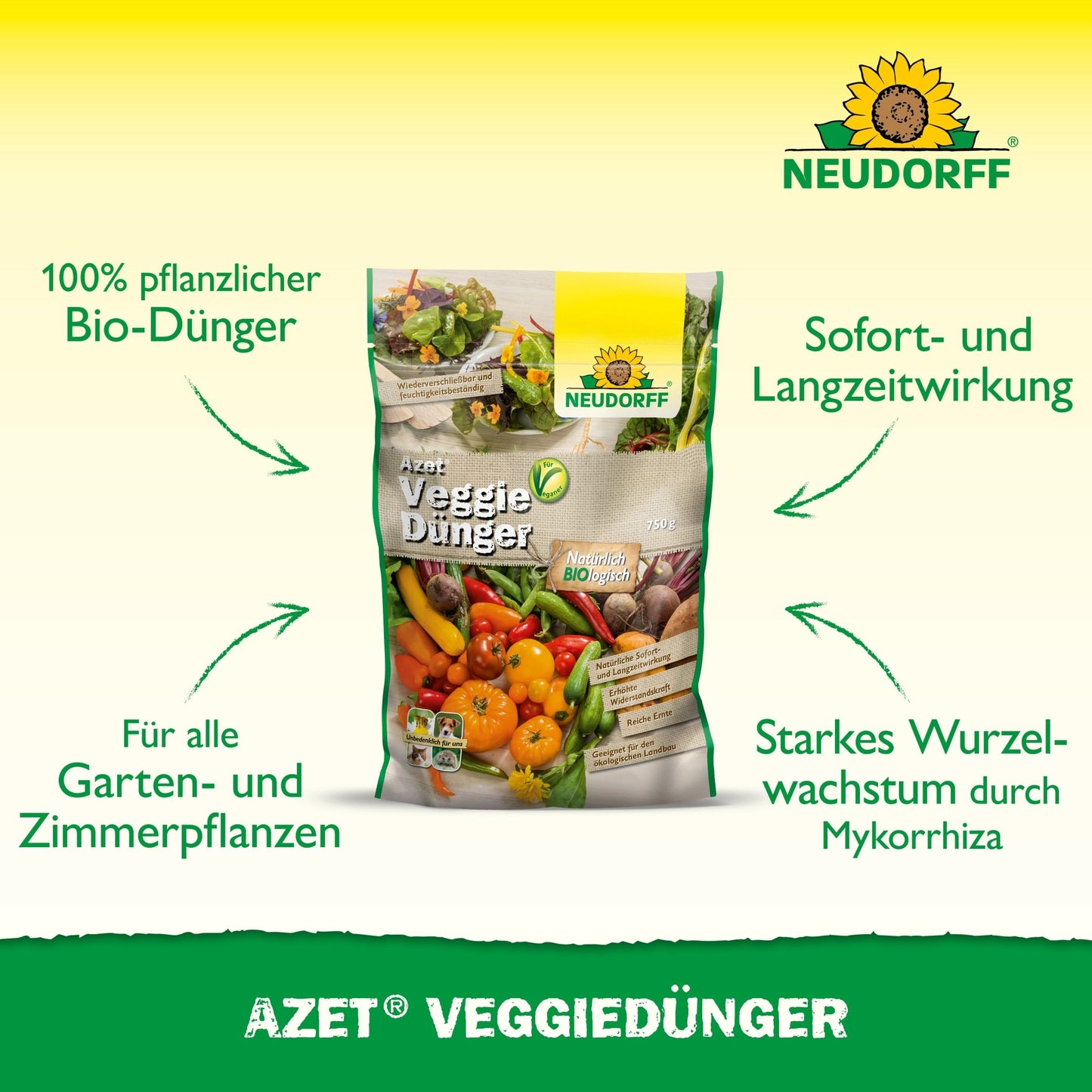 Vrecko Azet VeggieDünger od Neudorff Shop je zobrazené s obrázkami zeleniny. Text ho vyzdvihuje ako 100% vegánske hnojivo pre záhradné a izbové rastliny, ktoré má okamžitý účinok a podporuje silný rast koreňov.