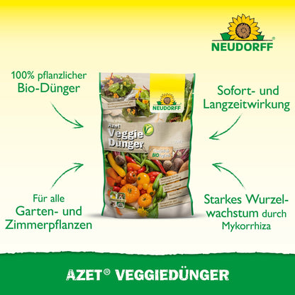 Vrecko Azet VeggieDünger od Neudorff Shop je zobrazené s obrázkami zeleniny. Text ho vyzdvihuje ako 100% vegánske hnojivo pre záhradné a izbové rastliny, ktoré má okamžitý účinok a podporuje silný rast koreňov.