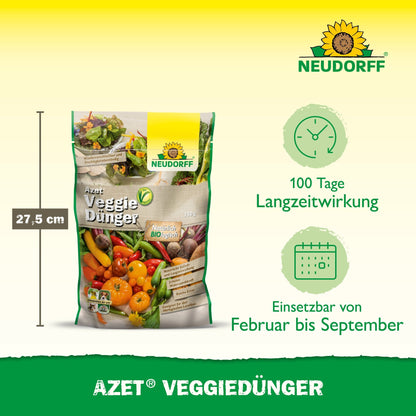 2,5 kg vrece Azet VeggieDünger od Neudorff Shop s výškou 27,5 cm je zobrazené s dizajnom balenia so zeleninou, ktoré zdôrazňuje 100-dňový dlhodobý účinok a odporúčané použitie od februára do septembra.