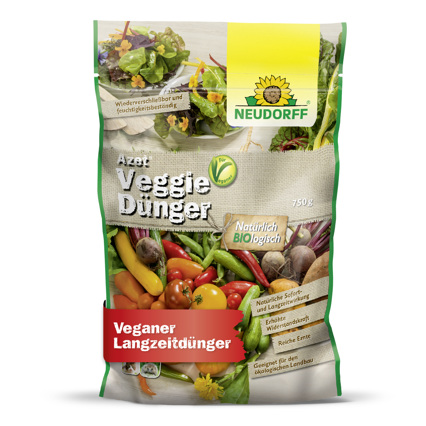 Azet VeggieDünger od Neudorff Shop je organické a vegánske hnojivo. Balenie zobrazuje rôzne druhy zeleniny so zelenými, žltými a červenými nemeckými etiketami, ktoré zvýrazňujú detaily produktu.