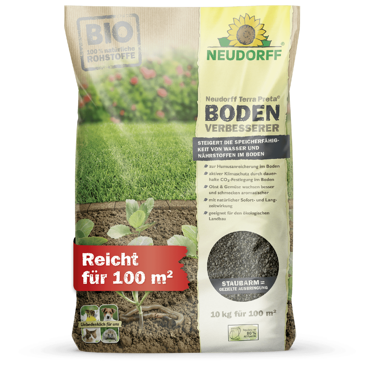 Terra Preta zlepšovač pôdy od Neudorff Shop je biologický zlepšovač pôdy pre trávniky a ovocie, vhodný pre 100 m². Na balení sú zobrazené informácie o produkte a obrázky trávy, pôdy a sadeníc - perfektné na zlepšenie vašej pôdy.