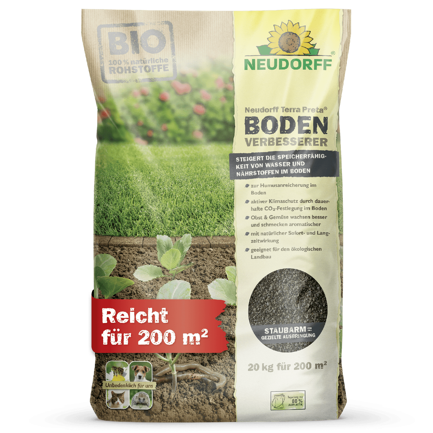 20 kg vrece Neudorff Terra Preta zlepšovač pôdy z Neudorff Shop ukazuje zelené a žlté označenie, obrázky pôdy, rastlín a plodov, červený text "Stačí pre 200 m²" a zdôrazňuje biologické, prírodné zložky na zlepšenie pôdy.