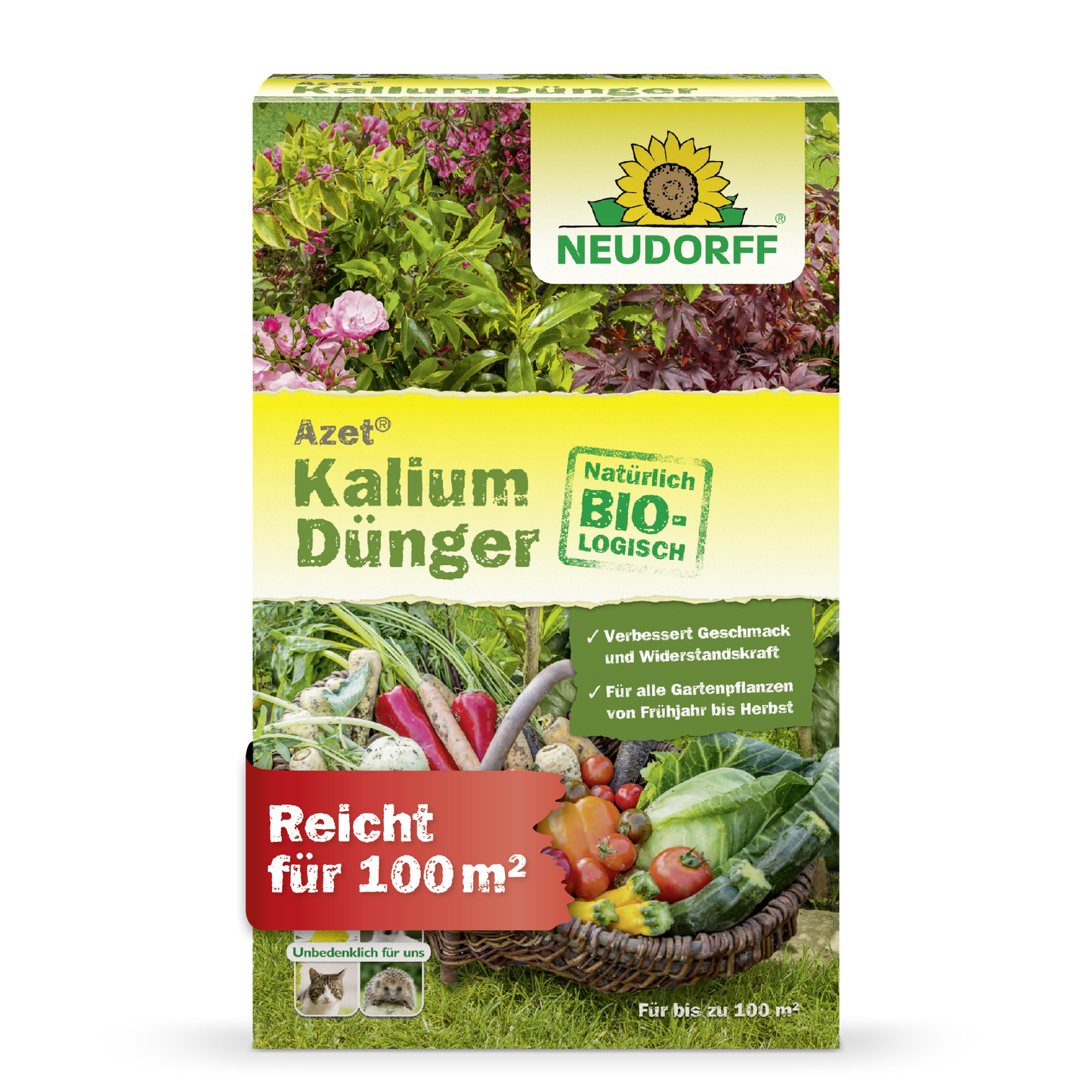 Azet KaliumDünger z obchodu Neudorff je organické hnojivo pre všetky záhradné rastliny, predchádza nedostatku draslíka, pokrýva až 100 m² a zobrazuje obrázky zeleniny a kvetov - ideálne na hnojenie rastlín.