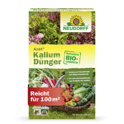 Azet KaliumDünger z obchodu Neudorff je organické hnojivo pre všetky záhradné rastliny, predchádza nedostatku draslíka, pokrýva až 100 m² a zobrazuje obrázky zeleniny a kvetov - ideálne na hnojenie rastlín.