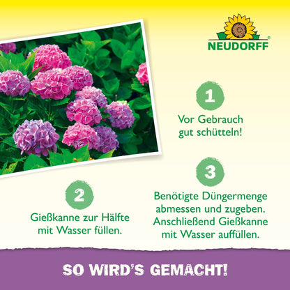 Inštruktážna grafika z Neudorff Shop zobrazuje vľavo ružové hortenzie a vpravo návod krok za krokom, ako sa Azet HortensienDünger tekutý mieša v troch krokoch, na pozadí so žltým prechodom.