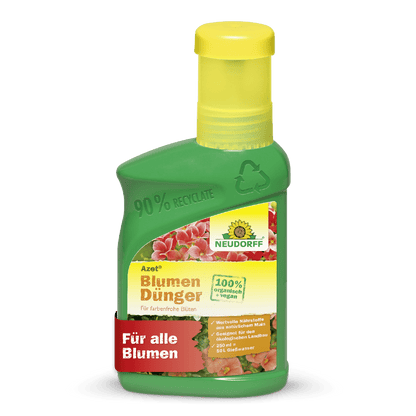 Zeleno-žltá fľaša Azet Kvapalné hnojivo na kvety od Neudorff Shop je 100% vegánska, podporuje zdravý rast rastlín a zobrazuje ružové kvety a červený banner "Pre všetky kvety".