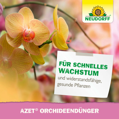 Eine Nahaufnahme von gelben und rosa Orchideen mit dem Logo des Neudorff Shops. Der deutsche Text wirbt für "Azet OrchideenDünger flüssig" für atemberaubende Blüten, schnelles Wachstum und starke, gesunde Pflanzen.