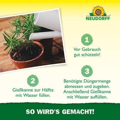 Eine grün-gelbe Neudorff-Shop-Grafik zeigt eine Hand, die einen getopften Rosmarin mit Azet KräuterDünger flüssig gießt, eine Schritt-für-Schritt-Anleitung zum Mischen und den Text "SO WIRD'S GEMACHT!" am unteren Rand.