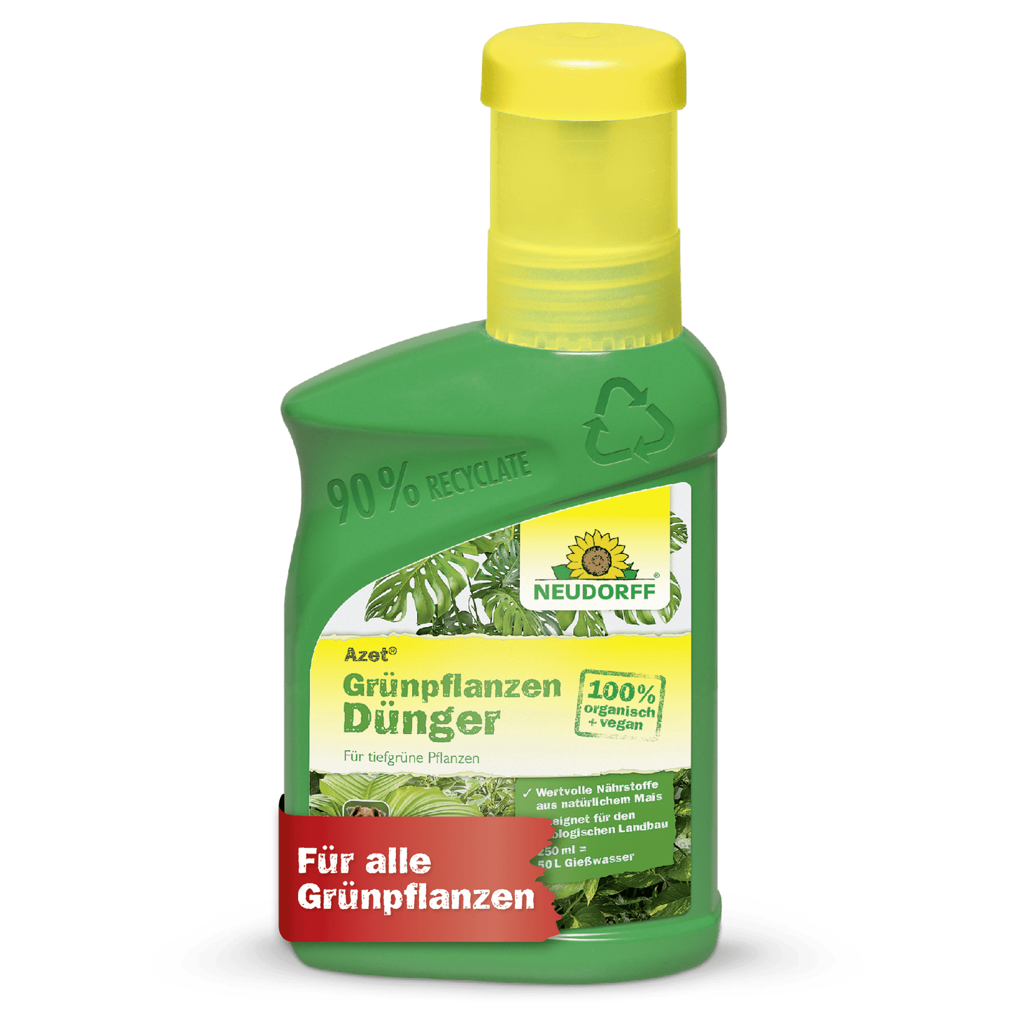Zelená plastová fľaša od Neudorff Shop Azet GrünpflanzenDünger tekutý so žltým uzáverom, označená ako 100% organické vegánske hnojivo pre zelené rastliny, poskytuje esenciálne živiny a má recyklačný symbol s nemeckým textom.