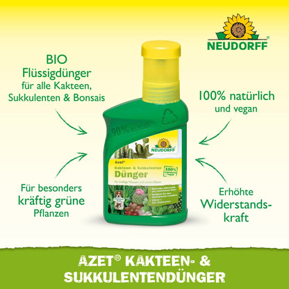 Zelená fľaša Neudorff Shop Azet Kakteen- & SukkulentenDünger tekutý so žltým uzáverom, ktorá je označená ako biologická, prírodná a vegánska, spolu s textom, ktorý vyzdvihuje výhody pre zdravie rastlín.