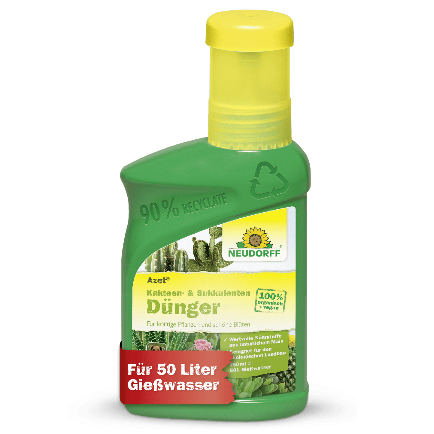 Zelená plastová fľaša od Neudorff Shop Azet Kakteen- & SukkulentenDünger tekutý zobrazuje obrázky kaktusov, nemecké produktové informácie a červený banner s nápisom "Pre 50 litrov zálievkovej vody" na etikete.