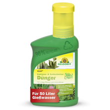 Eine grüne Plastikflasche von Neudorff Shop Azet Kakteen- & SukkulentenDünger flüssig zeigt Kakteenbilder, deutsche Produktinformationen und ein rotes Banner mit "Für 50 Liter Gießwasser" auf dem Etikett.