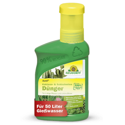 Zelená plastová fľaša od Neudorff Shop Azet Kakteen- & SukkulentenDünger tekutý zobrazuje obrázky kaktusov, nemecké produktové informácie a červený banner s nápisom "Pre 50 litrov zálievkovej vody" na etikete.