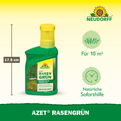 Eine 250-ml-Flasche Neudorff Shop Azet RasenGrün (17,5 cm hoch) erscheint auf gelb-grünem Grund und verspricht üppigen Rasen und schnelle Hilfe bei gelben Flecken in nur 4 Tagen; deckt bis zu 10 m².