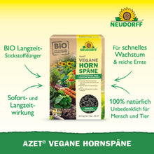Azet Vegane Hornspäne od Neudorff Shop je zobrazený na zelenom pozadí s textom, ktorý propaguje biologické, vegánske, dlhotrvajúce a 100% prírodné vlastnosti pre bezpečný rast rastlín.