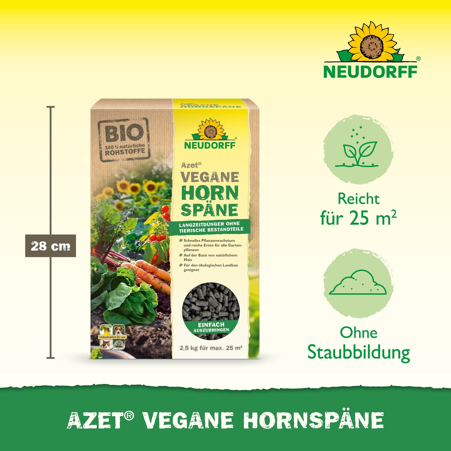 Ein 2,5 kg Beutel Azet Vegane Hornspäne von Neudorff Shop wird präsentiert, mit Icons für 25 m² Reichweite, staubfreie Anwendung und 28 cm Höhe - perfekt für nachhaltiges Pflanzenwachstum und eine reiche Ernte.